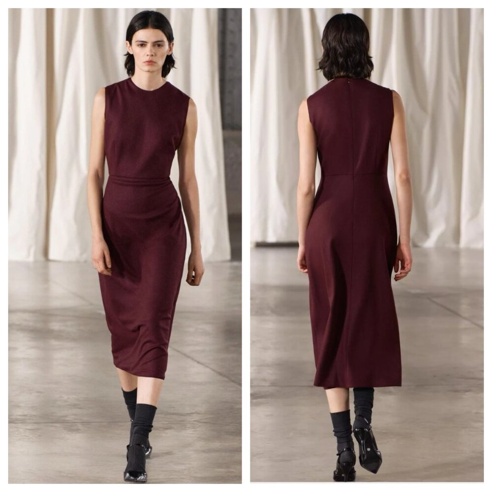 ZARA ZW COLLECTION Wool Blend Sheath Midi Pencil Dress Burgundy